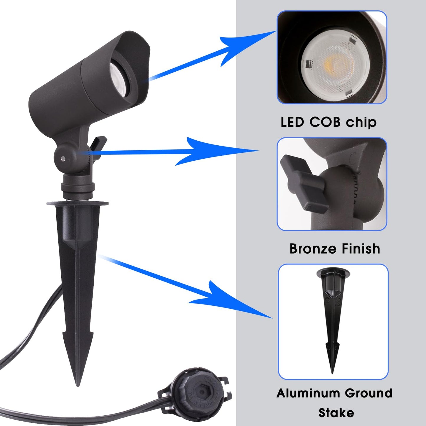 LED Landscape Lights with Connectors, 12V Low Voltage, Warm White 3000k, 4W, 175LM, Outdoor Waterproof Garden Pathway Lights Wall Tree Flag Spotlights with Spike Stand, 6 Pack