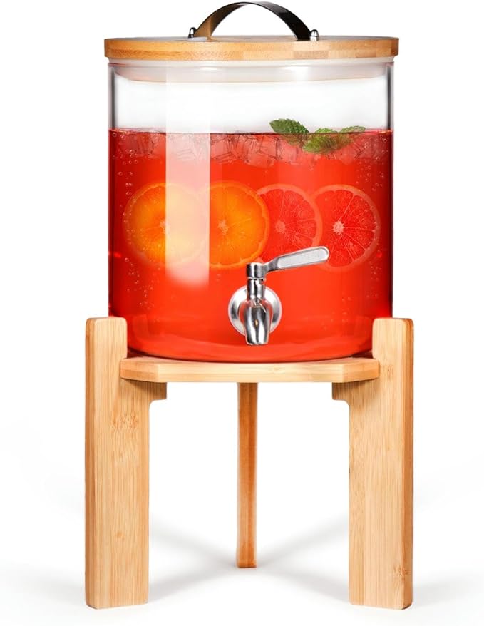 Glass Beverage Dispenser with Bamboo Stand 6.7 In and Lid, Iced 1.5 Gallon Drink Server with Spigot, Large Thick Glass Dri...