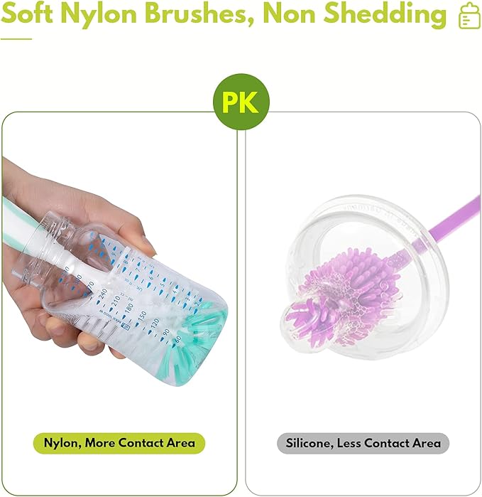2 Pack Baby Bottle Brush with 4 Pack Straw Brushes, 10.2" Nylon Brushe with Nipple Cleaner and Stand Suction Cup, Green