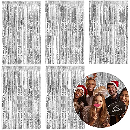 5 Pack Foil Curtain Backdrop Silver Metallic Tinsel Foil Fringe Curtains Photo Booth Props for Birthday Wedding Engagement...