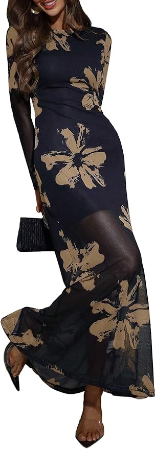Verdusa Women's Floral Mesh Maxi Dresses Elegant Formal Long Sleeve Spring Wedding Guest Dress Cocktail