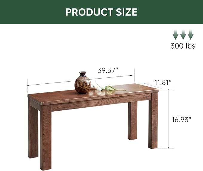 Vadisun 100% Solid Oak Wood Dining Bench, 39.6'' Entryway Bench Extra Chair Seat Long Ottoman with Squre End & Round Corner for Kitchen Living Room Bedroom, Walnut