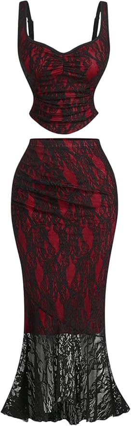 SOLY HUX Women's Floral Lace Skirt Set 2 Piece Sleeveless Top and Bodycon Fishtail Skirts Summer Coquette Outfits