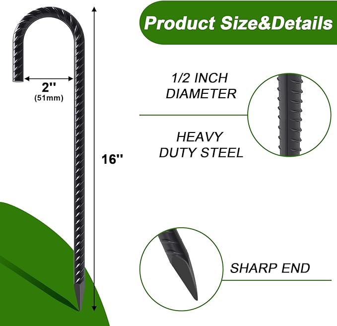 AAGUT Rebar Stakes 16 Inch Heavy Duty 1/2 Inch Diameter J Hook, 16 Pack Black Coated Ground Anchors Chain Link Fence Stakes with Chisel Point End for Large Canopies, Outdoor Inflatables, Swing Set