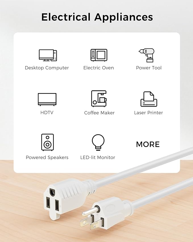 [UL Listed] Cable Matters 2-Pack 16 AWG Heavy Duty 13A Power Extension Cord - 3ft, 3 Prong Power Cord Extension, NEMA 5-15P to NEMA 5-15R, White