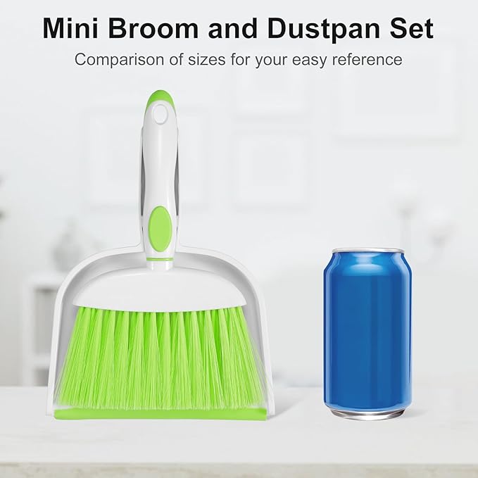 NACENA Small Dust Pan and Brush Set, Mini Broom and Dustpan Set Small Hand Broom and Brush Combo Dust Pan with Teeth for Home Cleaning Drawers Desktop Sofas Pet Care and Outdoor, Green