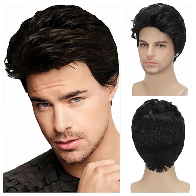 Short Black Wigs for Men Layered Natural Curly Synthetic Replacement Full Wig for Male Daily Wear Party Cospaly Costume Ha...
