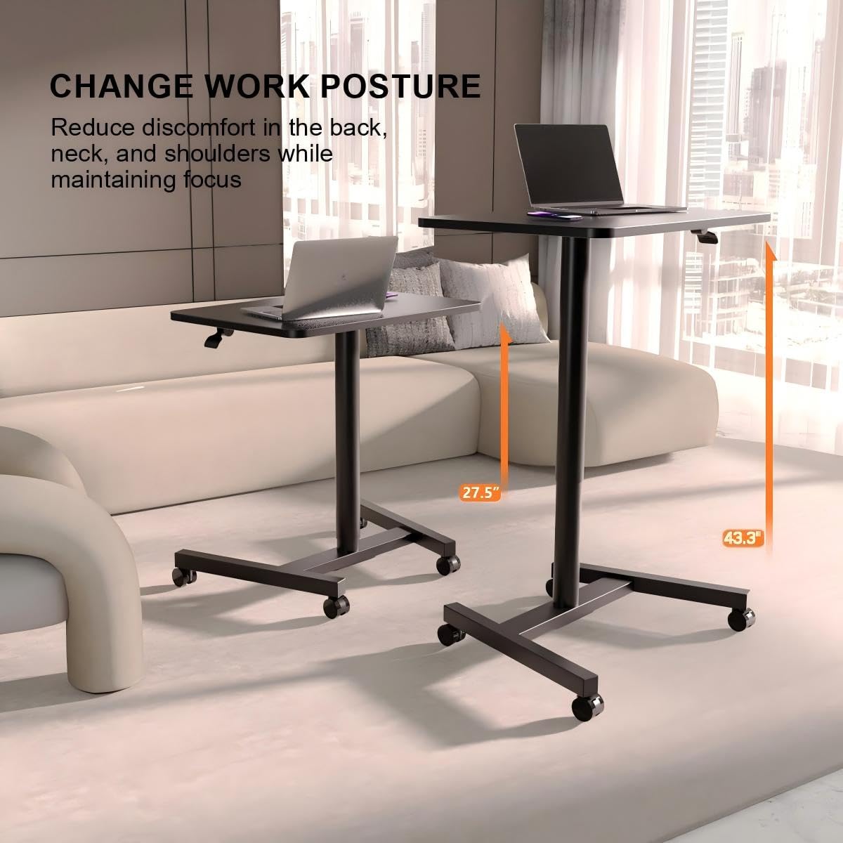 MPETAPT 28-Inch Mobile Standing Desk, Adjustable Computer Desk, Portable Standing Desk with Lockable Wheels, Rolling Table for Home Office Classroom Hospital (Jet - Black)