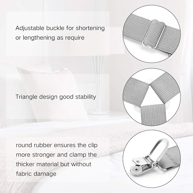 Foloda Bed Sheet Holders, 4 pcs Adjustable Fitted Sheet Straps for Bed Corner, bedsheet Holder Clips Fasteners Suspenders Locker Gripper Scrunchie, Keep Sheet in Place