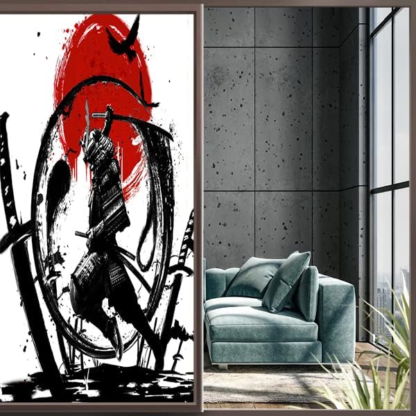 Japanese Samurai Decorative Window Film Watercolor Ink Samurai Sword Red Sun Printdining Room Window Film,Dorm Room Glass Film 23.6Wx78.7L-Inch X1Pcs