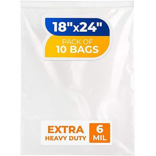 18" x 24" Extra Large Zip Seal Lock Bags, 6 Mil (Pack of 10) – Heavy-Duty Reclosable Plastic Bags – Clear, Resealable, Waterproof – For Storing and Organizing Clothes, Jewelry, and Travel
