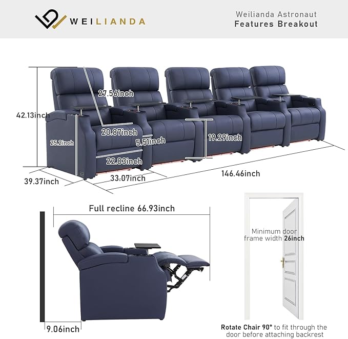 Weilianda Home Theater Seating, Top Grain Leather Sectional Seats Recliner Chair, Zero Gravity Reclining Sofa with Power Headrest 7 Colors Ambient Lighting USB C Charge Row of 5 Blue