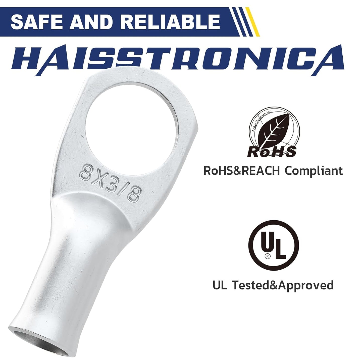 haisstronica 10pcs 8 AWG - 3/8" (M10) Tinned Copper Battery Lugs, Heavy Duty Copper Wire Lugs with 10pcs 3:1 Adhesive Heat Shrink Tubing, 8 Gauge Wire Lugs, Tinned Copper Battery Cable Ends