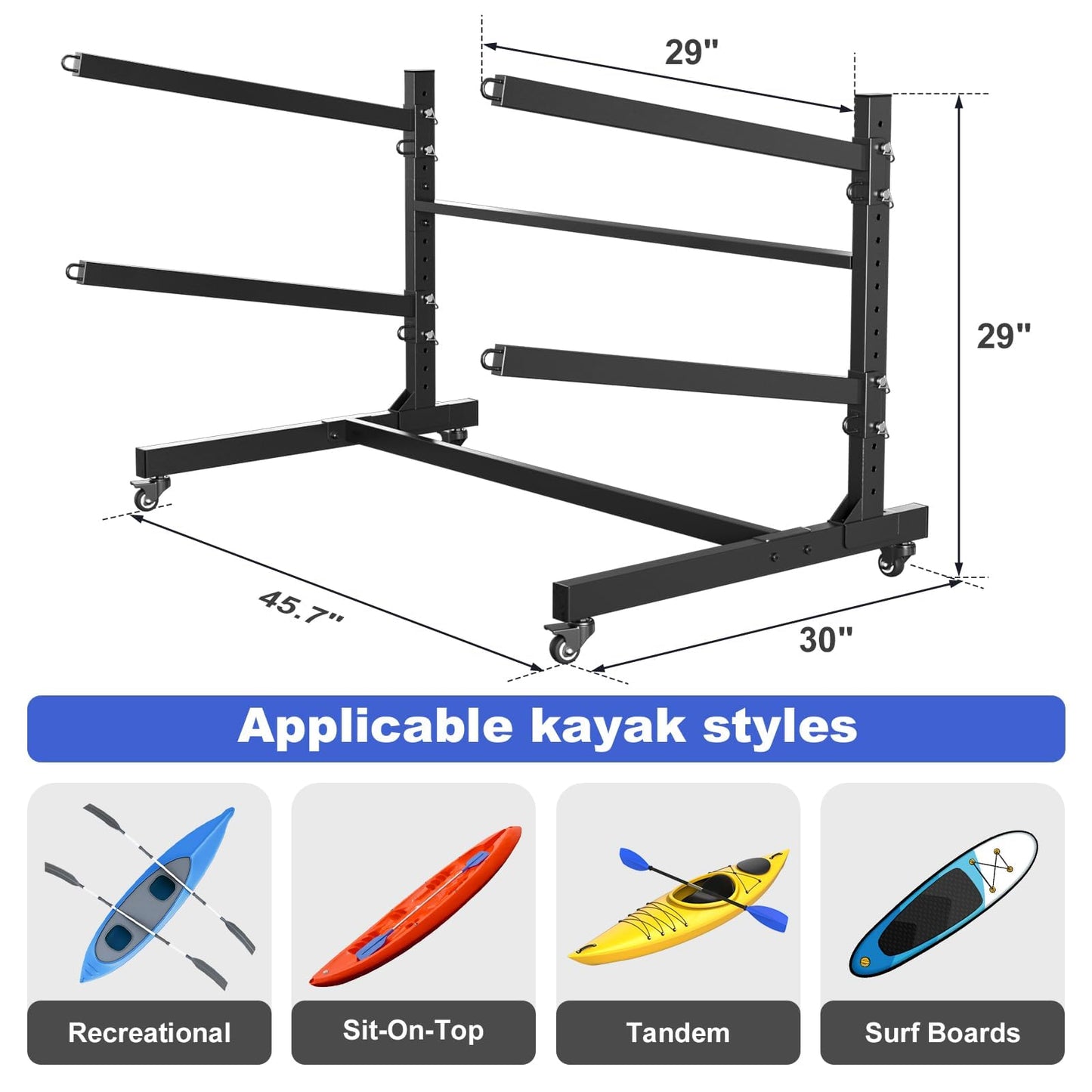 Baotree 2 Levels Heavy Duty Freestanding Kayak Storage Rack with Lockable Wheels, Adjustable Metal Stand for 2 Kayaks, Canoes, SUPs, Paddleboards & Surfboards, Indoor & Outdoor Use