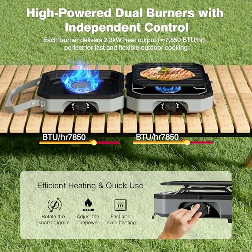 Camping Stove Portable Propane Camp Stove with Independently Adjustable Heat & 2 Burners, Foldable Gas Stove with Carry Ba...