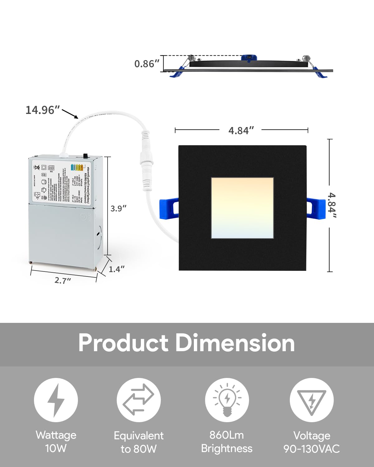 Adetu 4 inch Square Led Recessed Lighting Black,5CCT Ultra Thin Square Led Ceiling Light with Junction Box, 2700K/3000K/3500K/4000K/5000K Selectable,Dimmable,ETL and Energy Star Certified