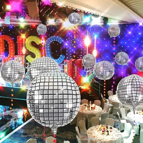 20Pcs Disco Ball Balloons Different Sizes- 4D Large Disco Balloons 32” 22” 10 Inch Assorted Round Metallic Silver Mylar Ba...