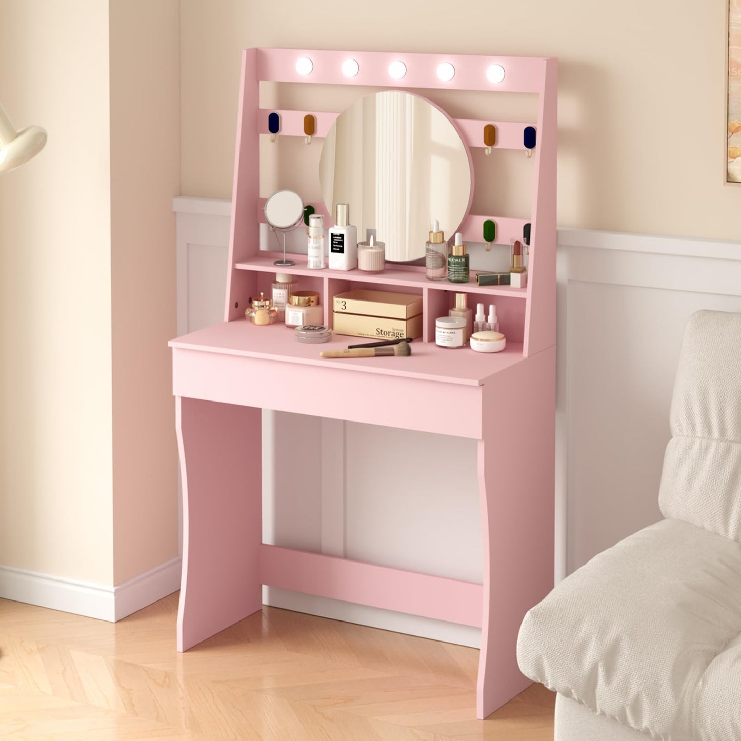 HedoAjim Vanity Desk with Lights, Makeup Table with Mirror, Dressing Table with 5 Hollywood Bulbs, 3 Adjustable Lighting Colors, Small Vanity Desk for Bedroom (Pink)