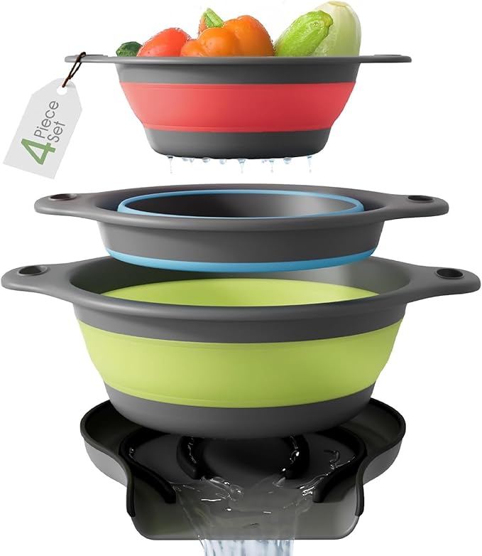 Gevoli Collapsible Colanders with Self-Draining Base for Edge of Sink, Food Strainers (Small/Med/Large), Nested Design for...