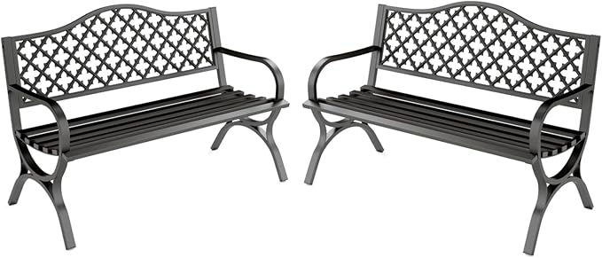 MFSTUDIO Outdoor Metal Bench Set of 2, 50" Black Outdoor Metal Garden Bench with Arch Legs, Cast Iron Frame Patio Furniture with E-Coating, Perfect for Porch and Yard