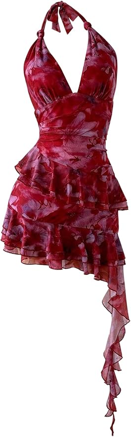 Verdusa Women's Y2k Mesh Mini Dress Floral Halter Backless Fairy Dress Ruffle Going Out Dress Wedding Guest Dress