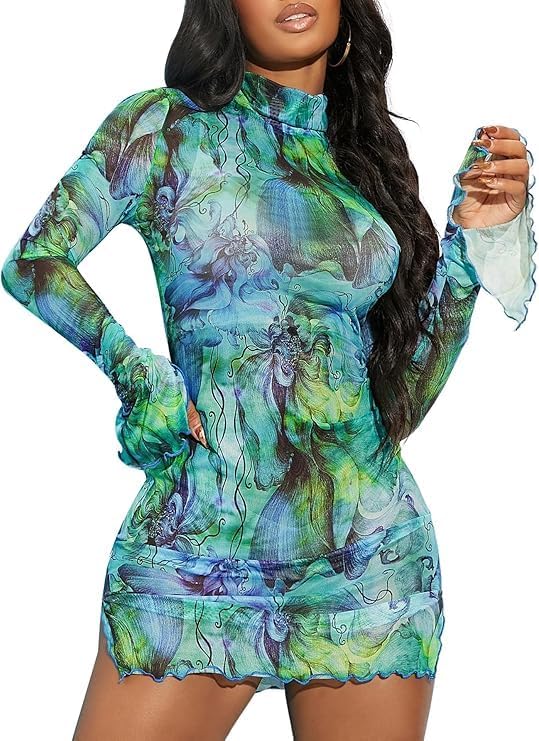MeiliAcshion Women's Rave Dress Leopard Cheetah Sheer Mesh Dress for Women