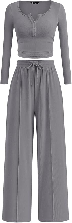 PRETTYGARDEN Women's 2026 Fall Trendy 2 Piece Outfits Lounge Sets Long Sleeve Top Henley Shirts Wide Leg Pants Travel Clothes