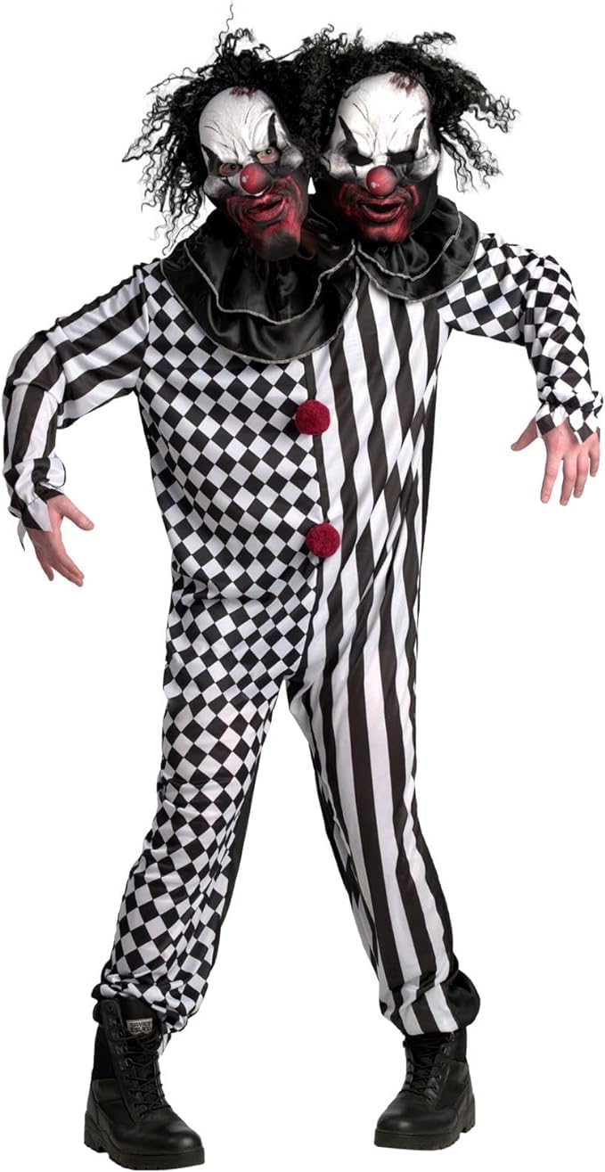 Morph Scary Clown Costume for Adults, Killer Clown Costume Men and Women, Halloween Scary Outfit, Creepy Horror Suit, 2 heads, Large