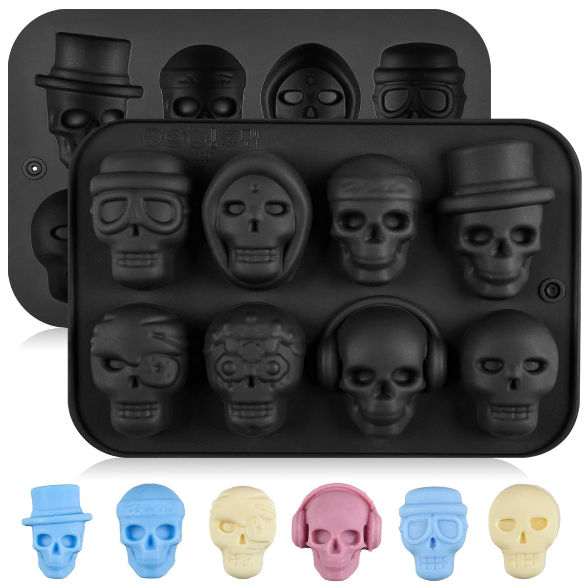 Halloween Silicone Molds, Skull Molds for Baking Chocolate Skull Gummy Molds for Candy, Jelly, Ice Cube, Crayon, Soap Pack of 2