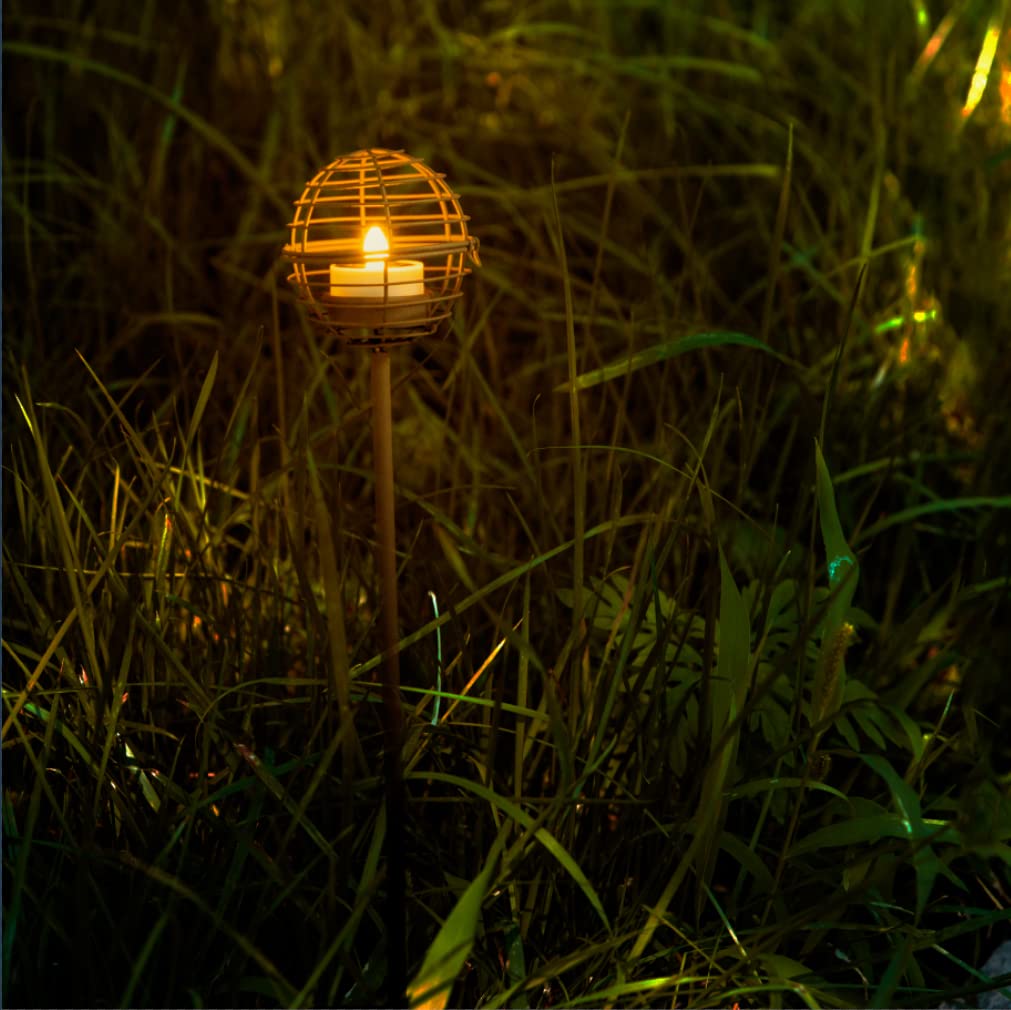 Solar Pathway Lights Outdoor, Rust Iron Ball Candle Holder Stake with Flickering Solar Powered Tea Lights, Perfect Decorative Garden Lighting for Yard Lawn Patio Landscape Decor Outside-4Pack