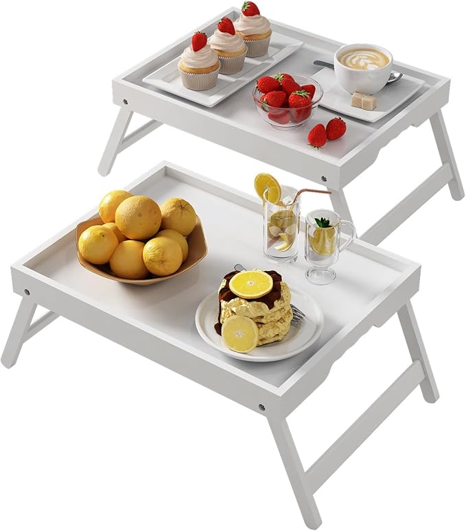 Youpehom Bed Tray Table with Folding Legs,Bamboo Breakfast in Bed for Kitchen Serving Tray,Sofa,Eating,Used As Laptop Desk Snack Tray 2 Pack (White)