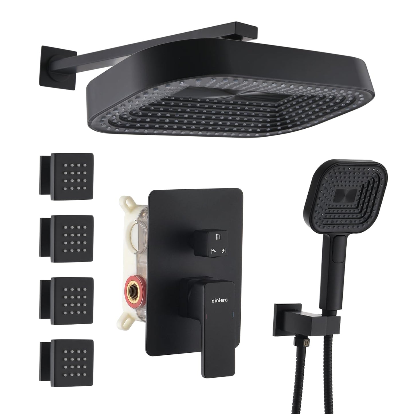 DINIERA 12" Rain Shower System with 4 Massage Body Jets,Shower Faucet Set Luxury Shower Head System with 3-in-1 Handheld,Wall Mounted Shower System Set with Valve and Trim Kit,Matte Black