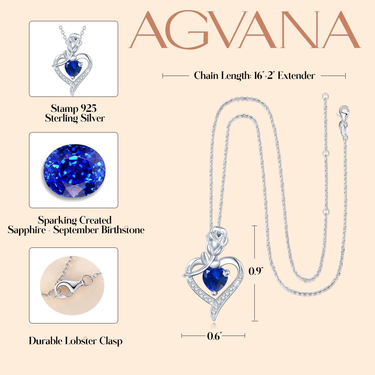 AGVANA September Birthstone Jewelry Sapphire Necklace for Women Sterling Silver Rose Flower Heart Pendant Necklace Fine Jewelry Anniversary Birthday Gifts for Women Wife Lady Her