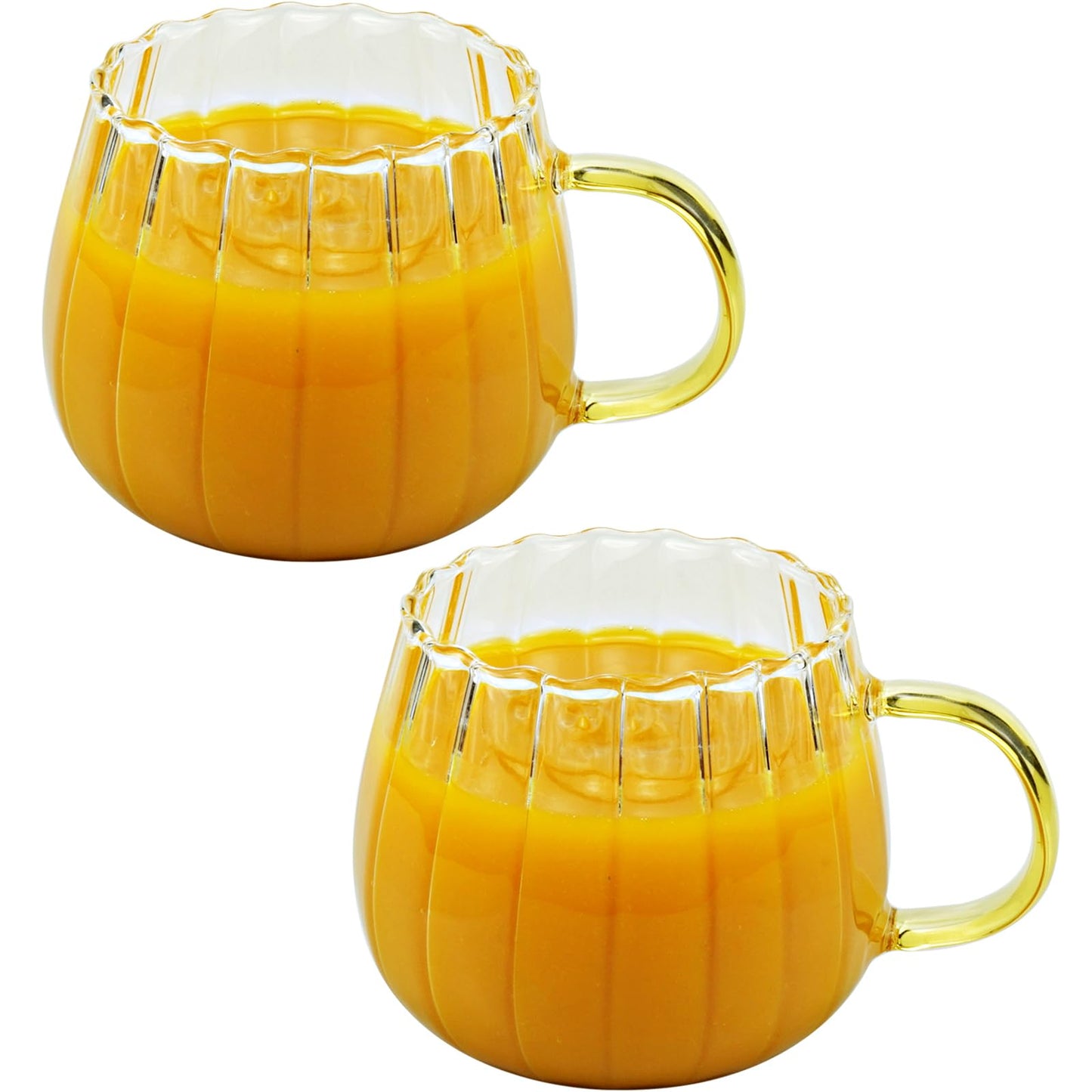 LUATSDAR Halloween Pumpkin Mugs 14 oz Glass Coffee Mugs Set of 2, Drinking Glasses with Yellow Handle, Clear Glass Cups for Hot or Cold Drinks like Cappuccino, Latte, Cocoa, Milk, Tea
