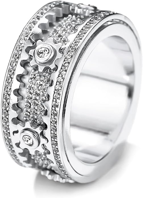 Interactive Outer Ring Drives Gears Rotatable EDC Ring Iced Out Alloy Jewelry, Sparkling Mechanical Fidget Band