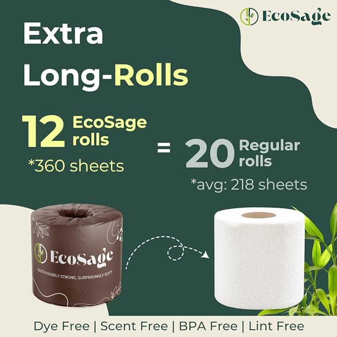 100% Bamboo Toilet Paper - 3 Ply 12 Mega Rolls (Equivalent to 20 Regular Rolls) | Highly Absorbent, Hypoallergenic, FSC-Certified | Eco-friendly,Sustainable, 360 Sheets per Roll, Eco-Conscious Choice