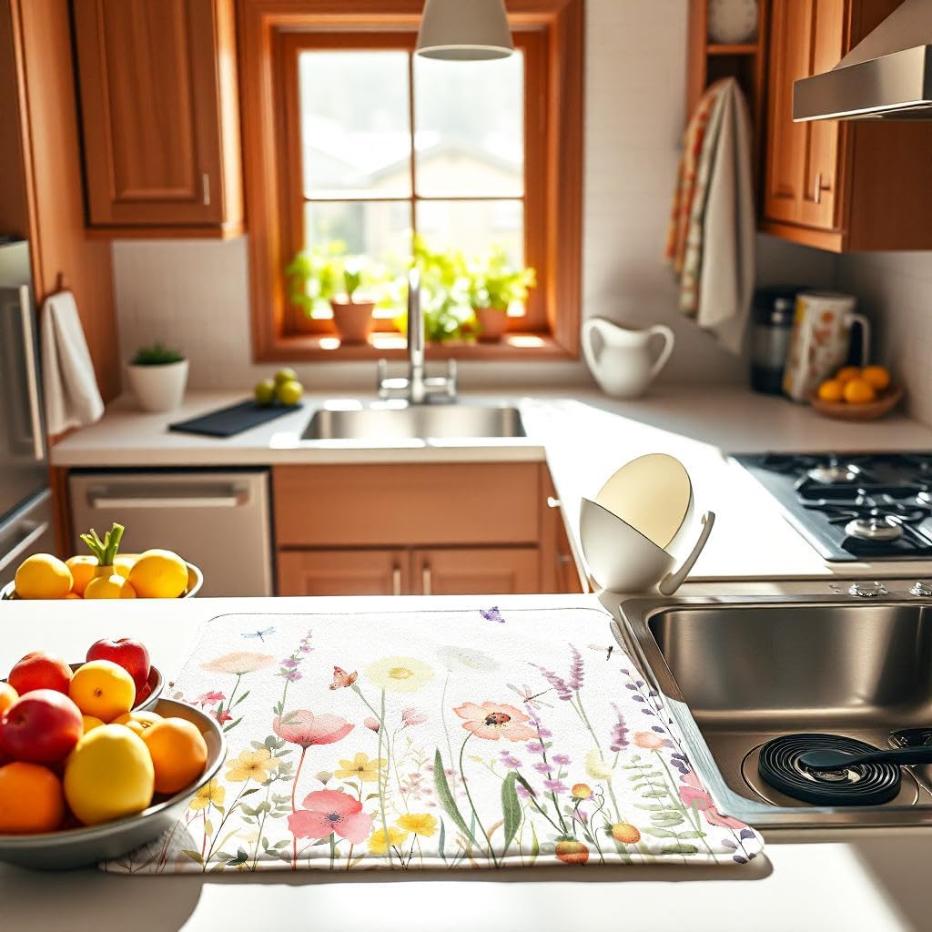Blue Floral Spring Large Dish Drying Mat for Kitchen Counter 18x24 Microfiber Absorbent - Foldable, Non-Slip, Compact Kitchen XL Drying Mats for Dishes, Countertops, and Cookware