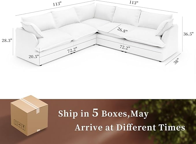 Intuition Decor V Shaped Cloud Modular Sectional Sofa,Down Filled Comfort Couch for Living Room,Corner Couches Deep Seat Convertible Removable Covers Cushion,Cream White