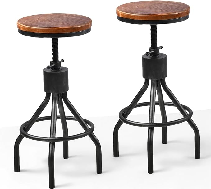 BOKKOLIK Set of 2 Industrial Bar Stool-Vintage Counter Dining Chair-Swivel Stools-Tall Height Adjustable 22-33"