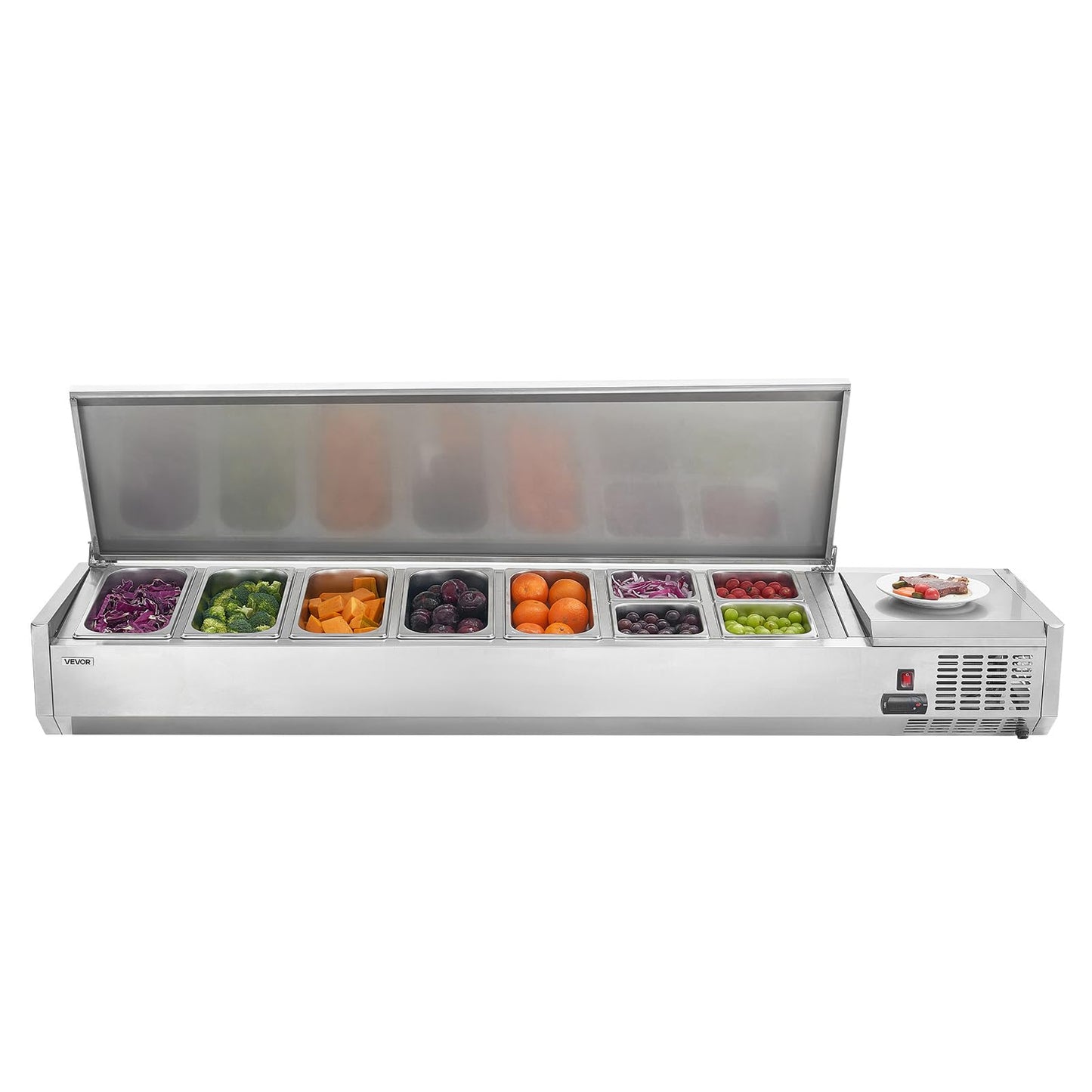 VEVOR Refrigerated Condiment Prep Station, 140 W Countertop Refrigerated Condiment Station, with Five 1/3 Pans & Four 1/6 Pans, 304 Stainless Body and PC Lid, Sandwich Prep Table with Stainless Guard