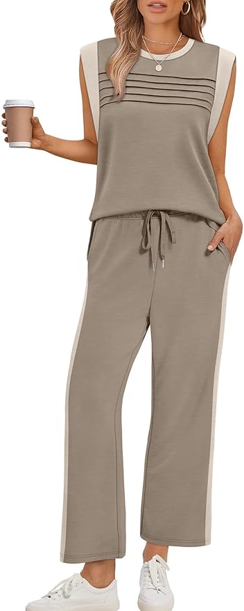 WIHOLL 2 Piece Sets for Women Summer Lounge Sets Travel Vacation Outfits Cap Sleeve Sweatsuit Side Slit Wide Leg Pants S-3XL