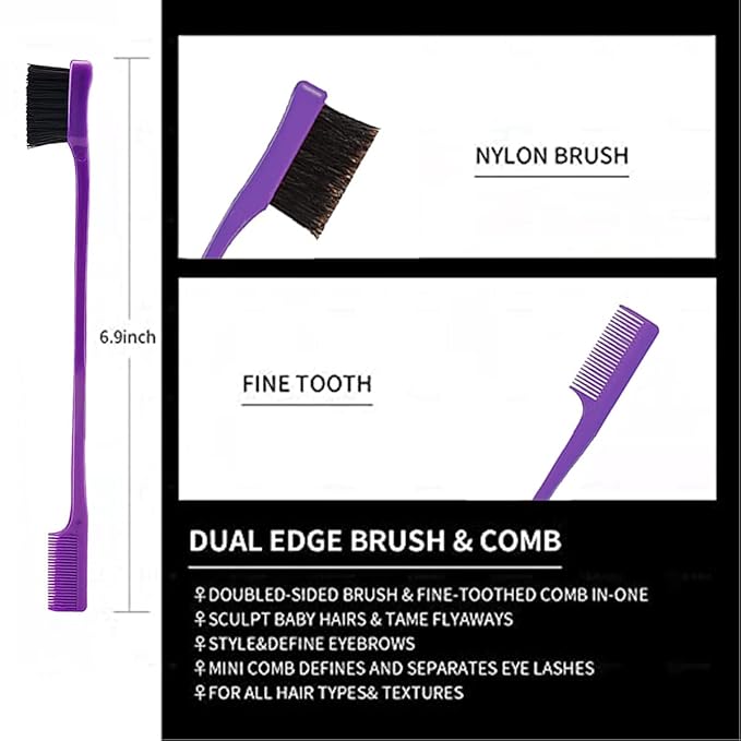 3 Pieces Hair Styling Comb Set Teasing Brush Rat Tail Comb Edge Brush for Edge&Back Brushing, Combing, Slicking Hair for Women (Purple)
