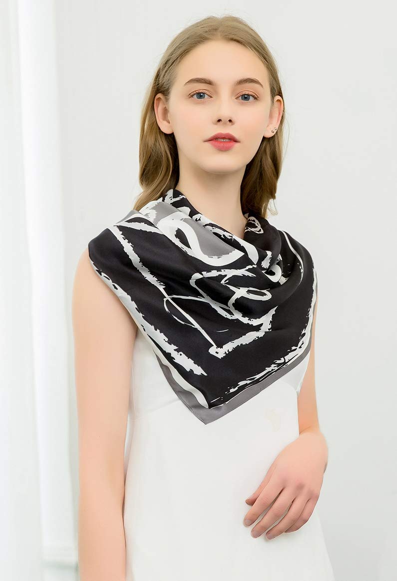 ANDANTINO 100% Pure Mulberry Silk Scarf 35" Large Square Real Silk Headscarf –Women’s Hair Scarves and Wraps (Black)