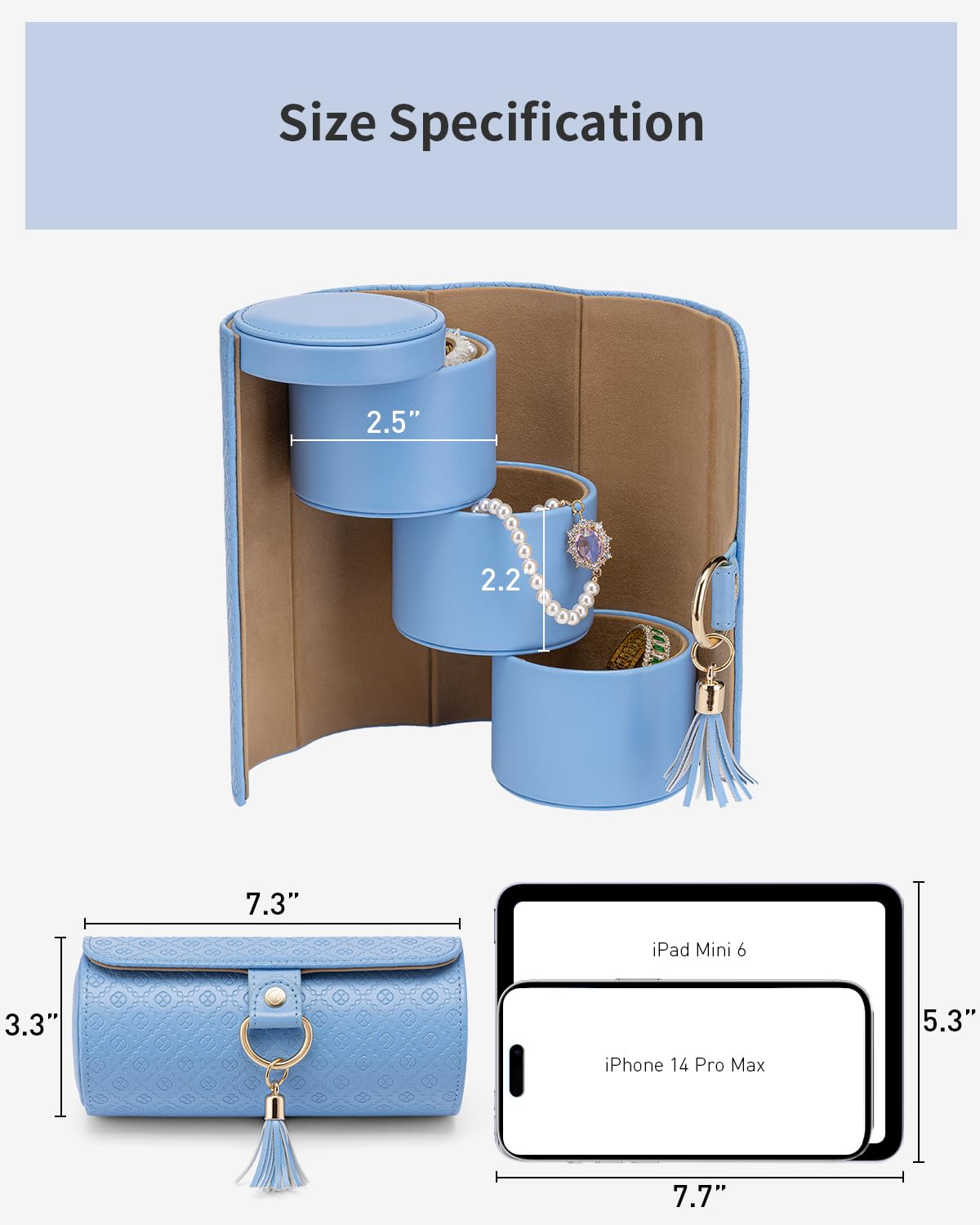 Vlando Christmas Gifts for Mom, Women, Wife - Travel Jewelry Oragnizer, 3-Layer Jewelry Storage Box, Travel Essential Accessories for Women, Gifts for Travelers Couples Mom Friends - Blue