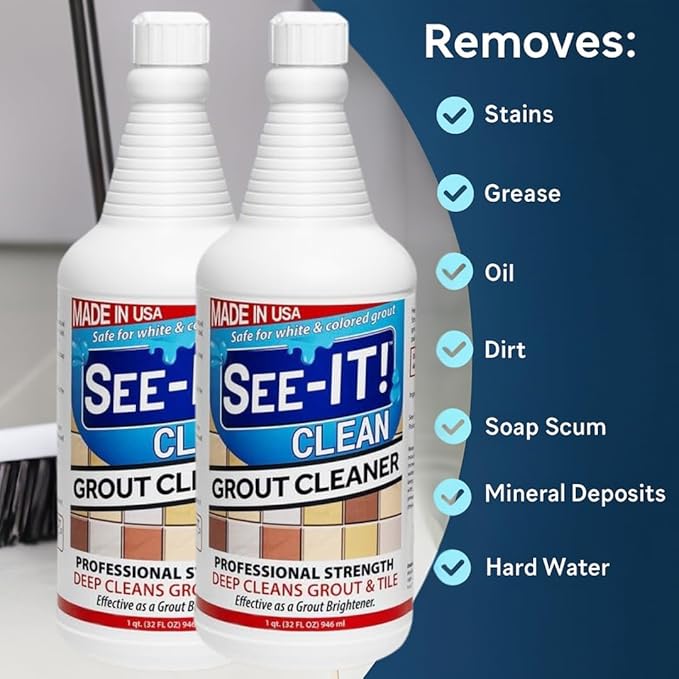 Grout & Tile Deep Cleaner Brightener & Heavy-Duty Stain Remover Acid-Free Safe for Ceramic, Porcelain, Marble, Stone - Two 32 fl. oz. Bottles with Floor Cleaning Brush