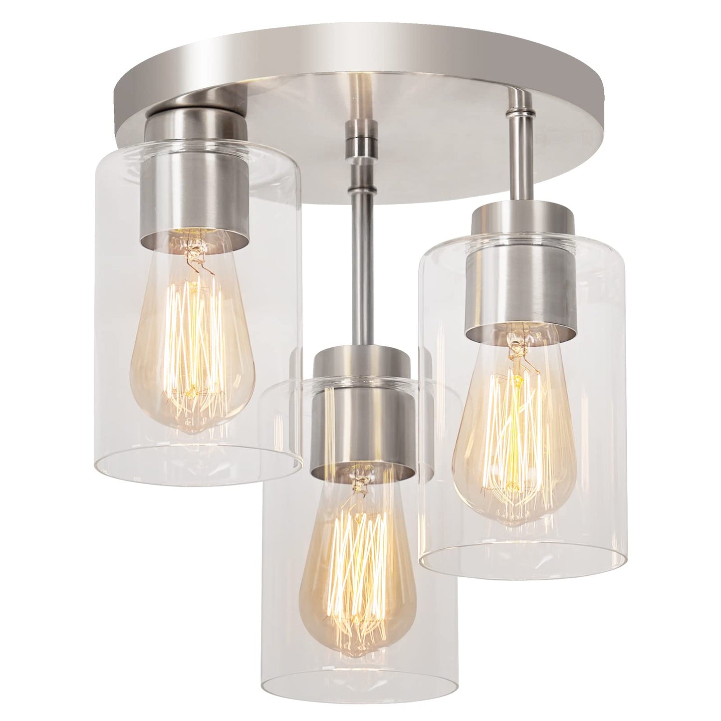 foucasal Semi Flush Mount Ceiling Light 3-Light Brushed Nickel Flush Mount Ceiling Light Fixtures with Clear Glass Shade, Modern Kitchen Ceiling Light for Bedroom Stairs Porch Hallway Entryway