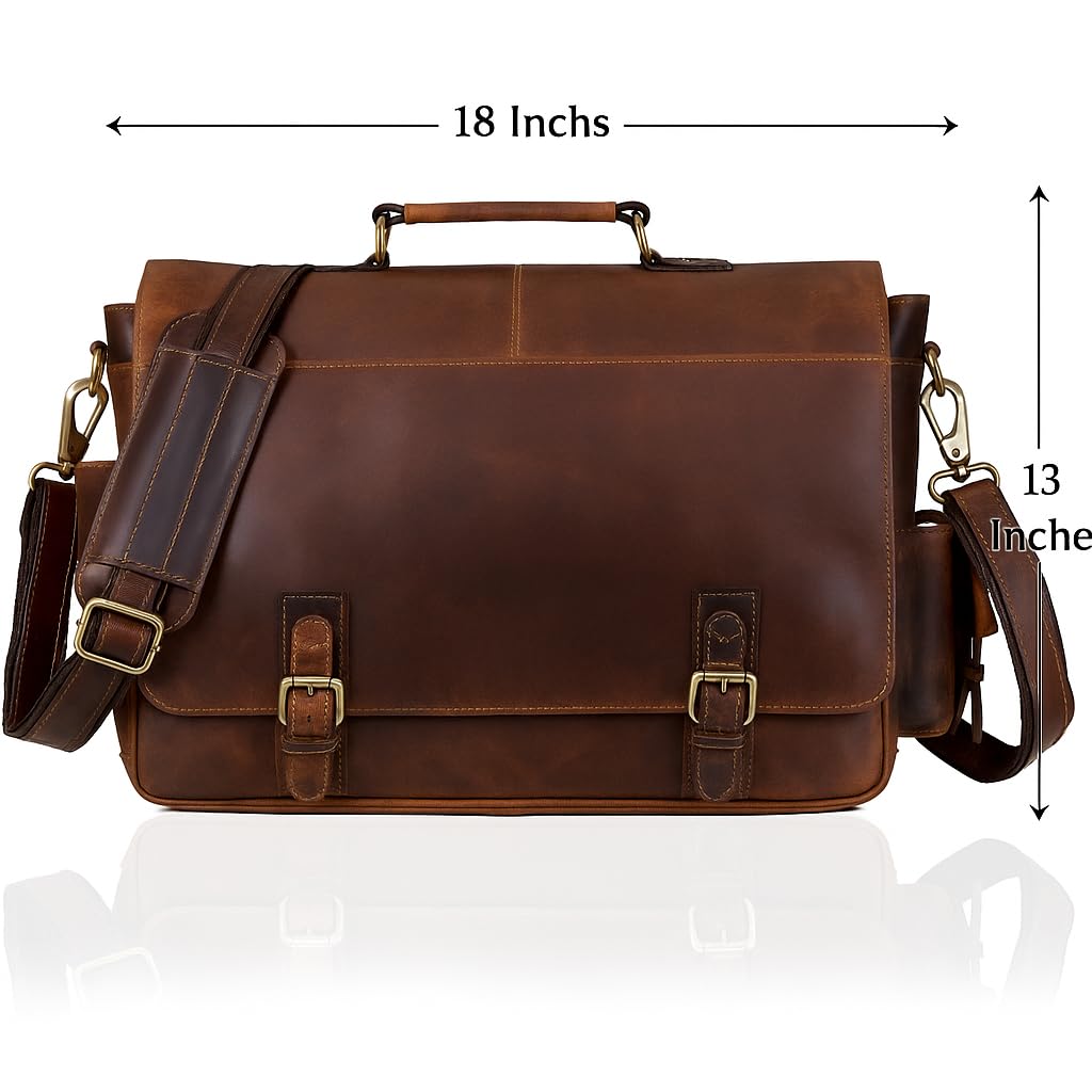 18-Inch Brown Premium Leather Messenger Bag for Men & Women - Briefcase, Camera & Laptop, Crossbaody, Handbag, Shoulder, Travel Bag