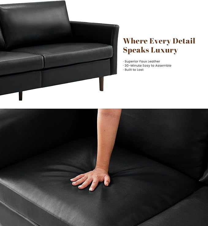 Kingfun Faux Leather 3 Seat Couch for Living Room, Mid Century Modern Sofa with Rolled Arms and Deep Seats, Fluffy Comfort for Apartment, Easy to Assemble, Black