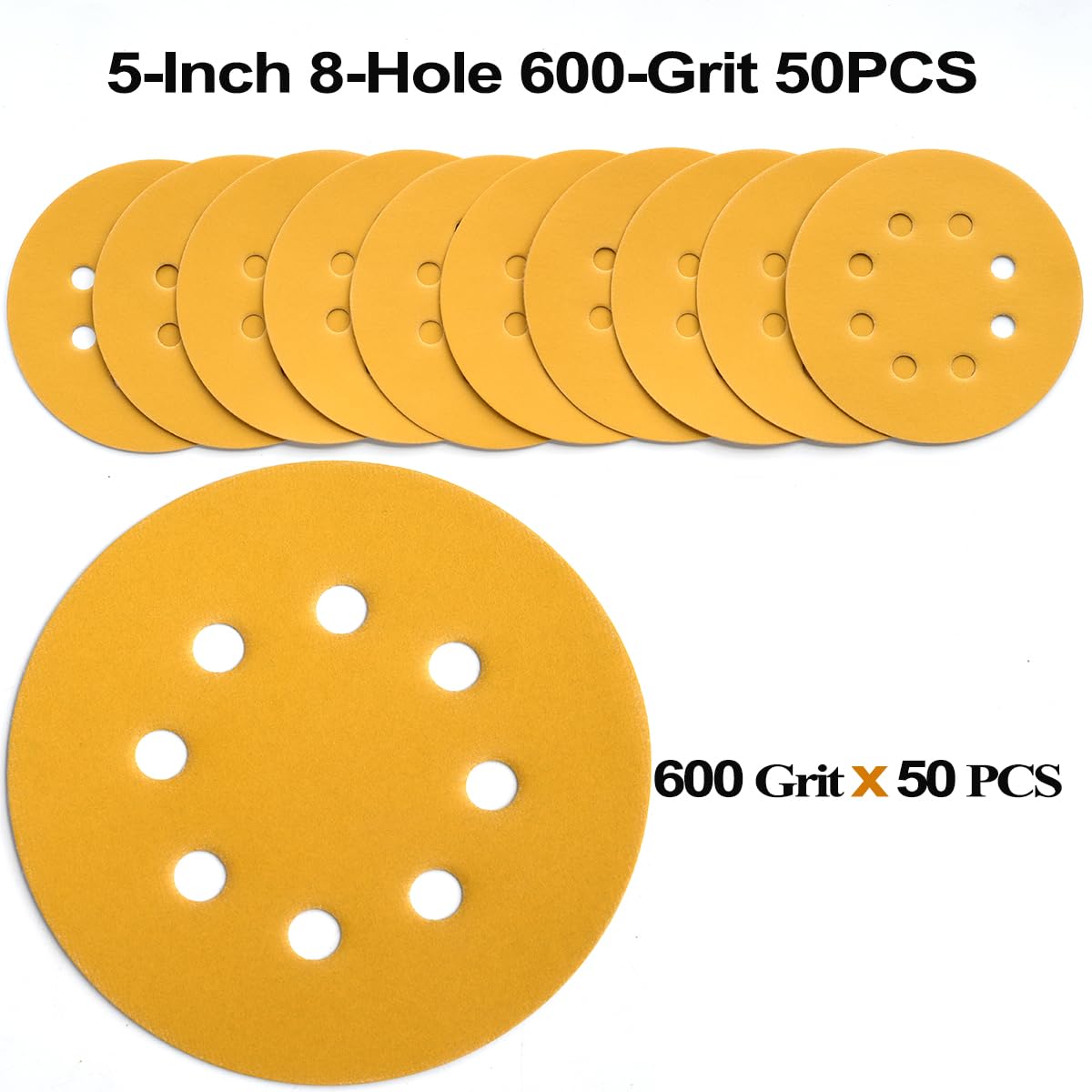 5-Inch 8-Hole Hook and Loop Sanding Discs 600-Grit Random Orbit Sandpaper, 50-Pack