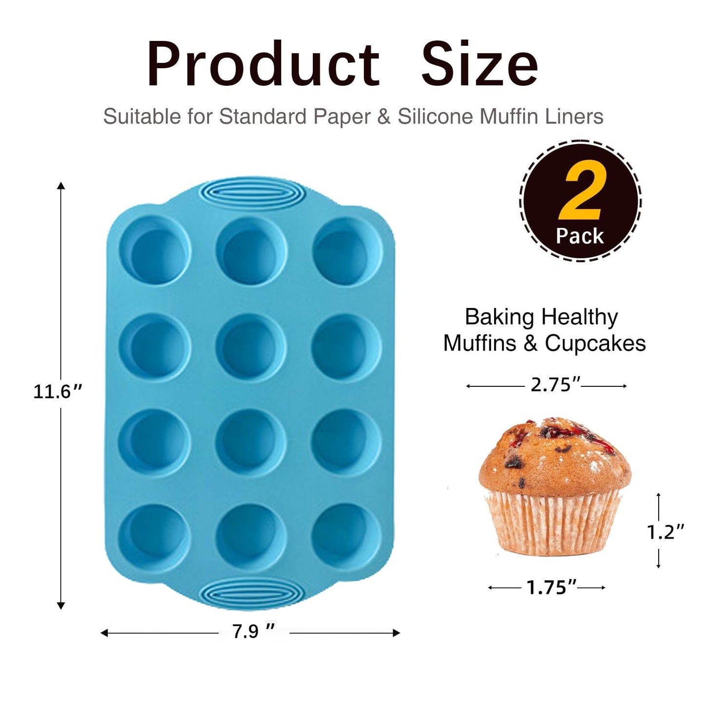 DIYOHFE 2 Pack Silicone Muffin Pan - 12 Regular Size Cups Muffin Pan, Non-Stick Cupcake Pan Great for Homemade Muffins,Cupcakes, Muffin Cakes, Oven and Dishwasher Safe BPA Free（Blue）